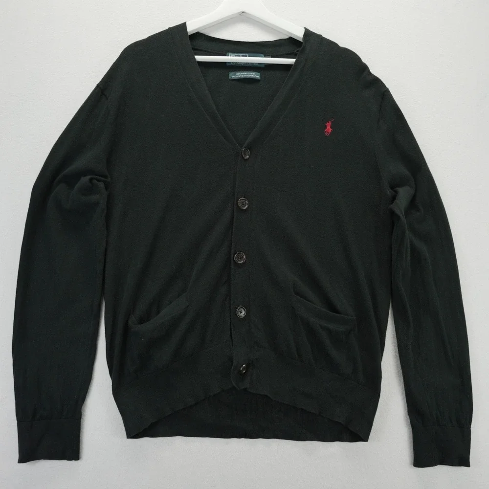 Polo Ralph Lauren Mens Black Pima Cotton Cardigan Sweater Red Pony Logo Size M